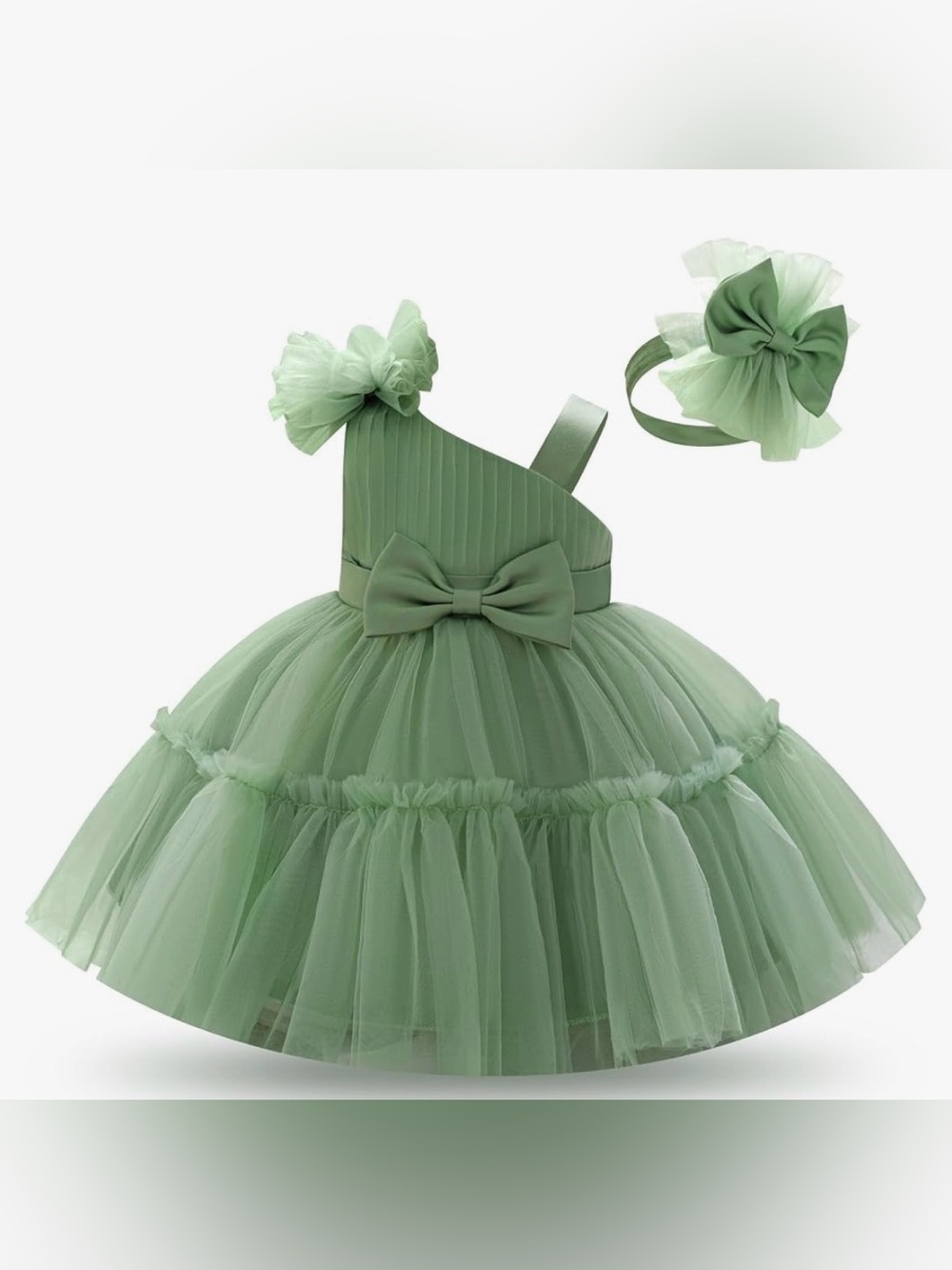 Green Tulle Bow Party Dress with Headband